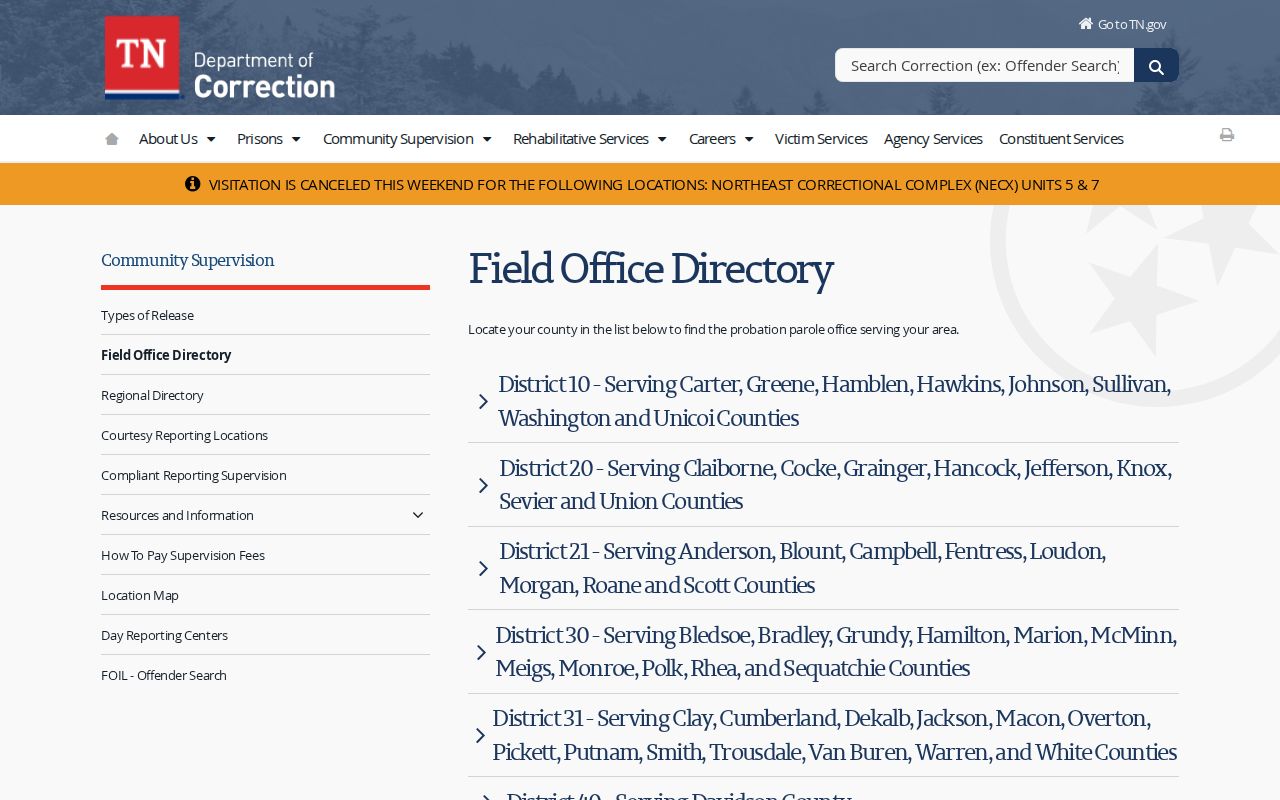 TDOC District 21 Fentress County release supervision office directory