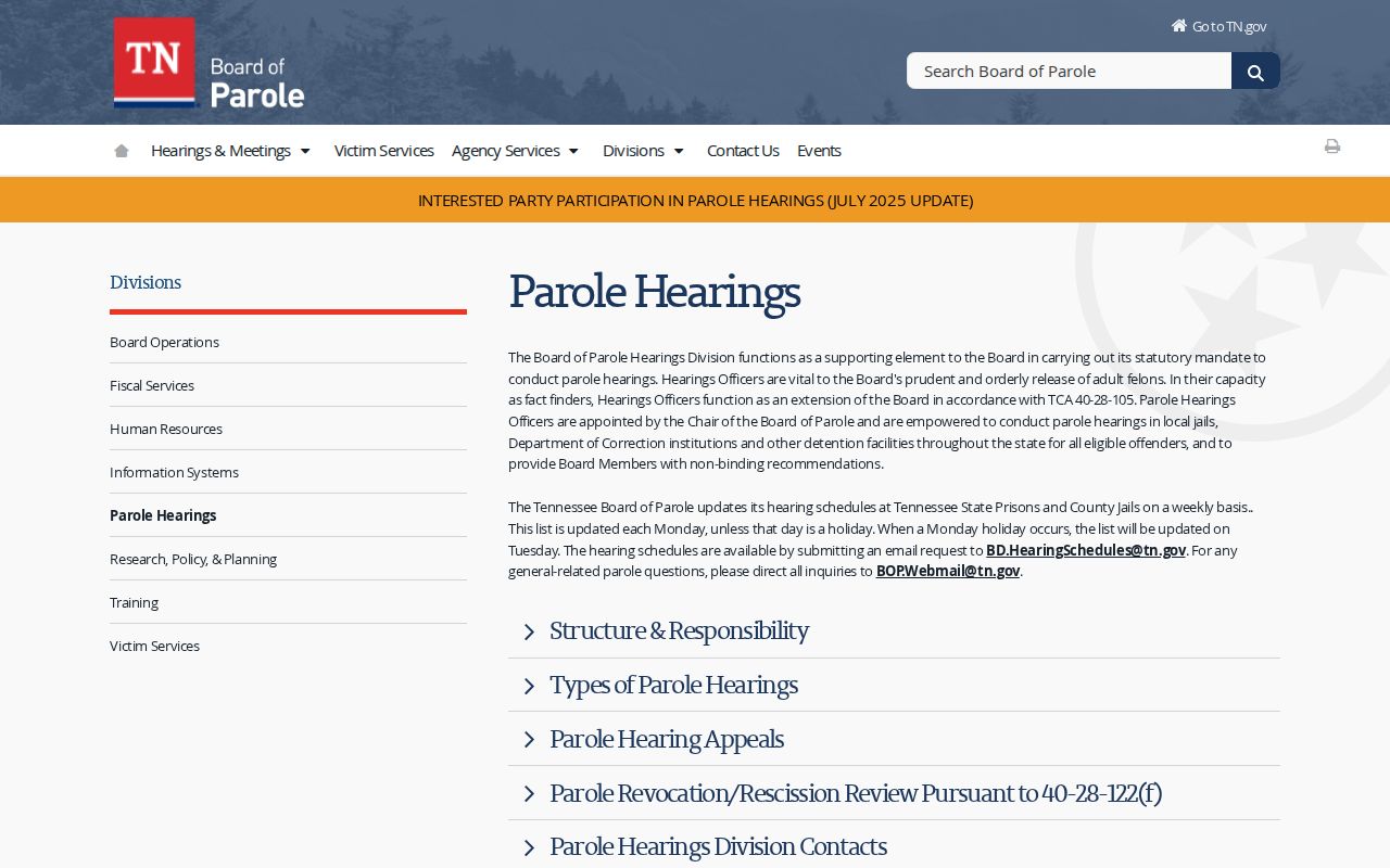 Tennessee Board parole hearing schedule information for Fentress County releases